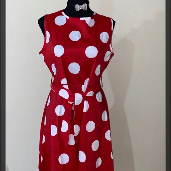 Dresses | Minnie Mouse Women Adult Size L Dress 10 Polyester Color Red W  With Belt | Poshmark